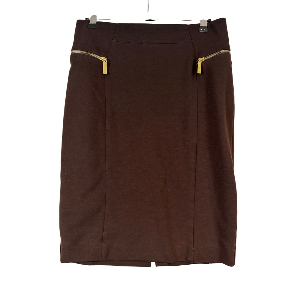 Michael Kors Brown Ponte Pencil Skirt Gold Zipper Accents •6• Dark Academia Chic
